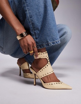 ASOS DESIGN Power studded high heeled shoes in buttermilk