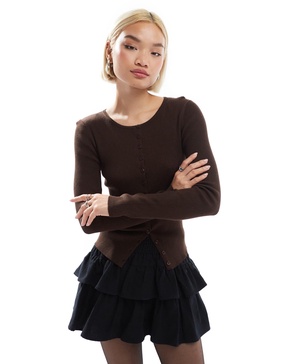 Stradivarius fitted ribbed cardigan in brown