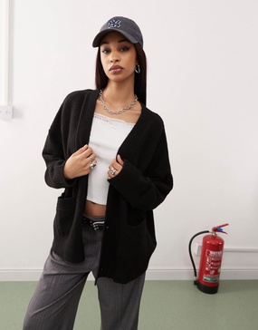 Monki knit button front oversized cardigan in black