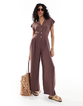 ASOS DESIGN collared linen button up jumpsuit in chocolate