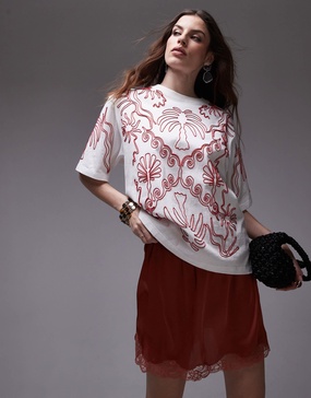 Topshop premium oversized embroidered vacation tee in white