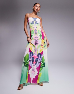 AFRM Shea mesh maxi dress with bodysuit in tropical print