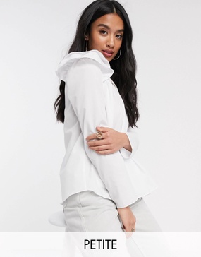 River Island Petite frill shoulder detail top in white