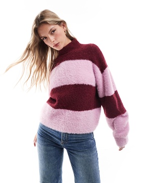 Brave Soul high neck sweater in burgundy and lilac stripe