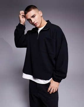 ASOS DESIGN heavyweight oversized dropped shoulder boxy sweatshirt with half zip in black rib