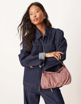 ASOS DESIGN faux suede shoulder bag with fold-over flap detail in mauve