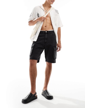 ADPT loose fit denim cargo shorts in washed black