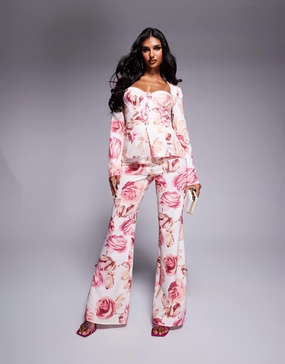 ASOS LUXE slim fit tailored pants with embellished button detail in rose print - part of a set