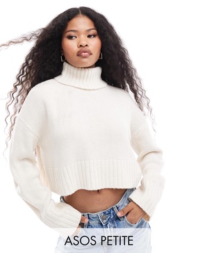 ASOS DESIGN Petite cropped roll neck sweater in cream