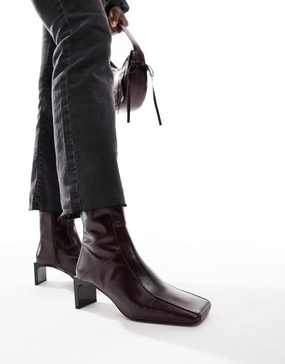 ASOS DESIGN Raine premium square toe mid-heel boots in burgundy leather
