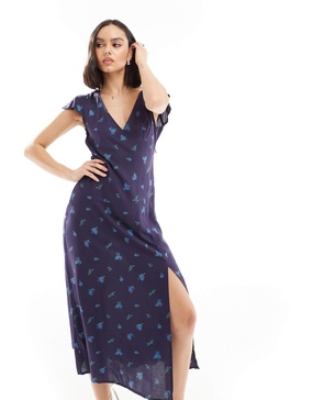 ASOS DESIGN v neck flutter sleeve midi tea dress in navy ditsy floral print