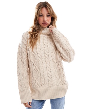 Brave Soul cable knit turtleneck sweater in stone