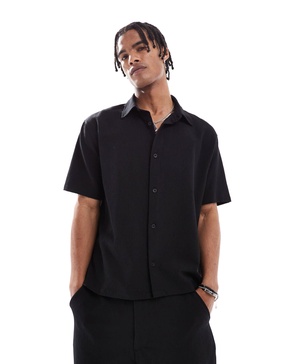 Bershka plisse relaxed shirt in black - part of a set