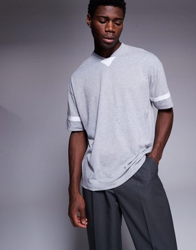 ASOS DESIGN oversized v neck t-shirt with contrast panel in gray heather