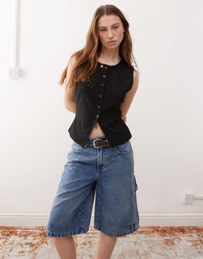 Reclaimed Vintage broderie button through vest in black