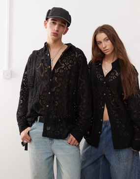 Reclaimed Vintage unisex long sleeve lace shirt in black