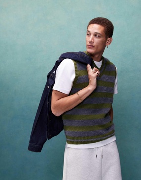 ASOS DESIGN fluffy knitted stripe vest in khaki
