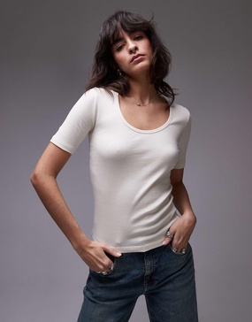 ARKET ribbed jersey T-shirt with scoop neck in off-white
