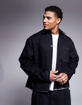 ASOS DESIGN oversized boxy overshirt with faux leather collar in black
