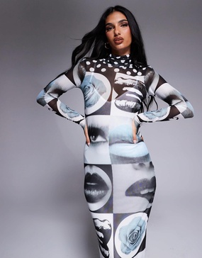 AFRM Shailene mock neck midi length dress with detachable lining in mono pop art