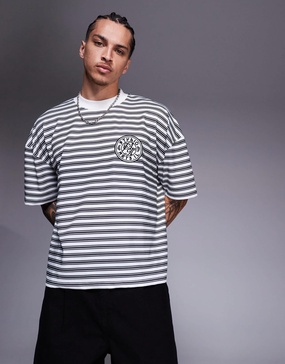 ASOS DESIGN boxy oversized T-shirt with dropped shoulder and chest embroidery in black and white stripe