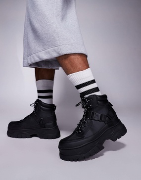ASOS DESIGN lace up worker boots in black with chunky sole and straps