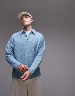 Topman oversized fit boucle polo shirt in heathered blue