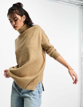 French Connection oversized turtle neck sweater with ribbed arm detail in camel