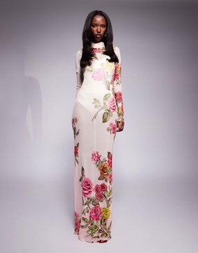 AFRM Rowan high neck mesh maxi dress in falling rose print