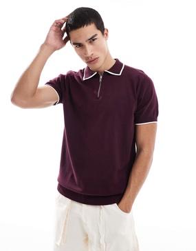Brave Soul knit polo shirt with contrast tipping in burgundy