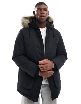 Jack & Jones parka with detachable faux fur hood in black