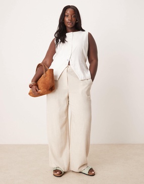 ASOS DESIGN Curve relaxed straight leg pants with linen in stone