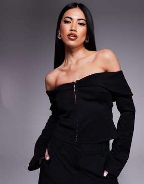 ASOS DESIGN fold over structured bardot top with hook and eye front in black