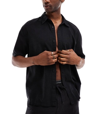 Bershka linen look shirt in black - part of a set