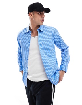 Another Influence striped poplin patch pocket shirt in blue