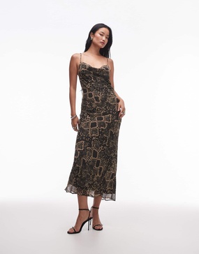 Topshop twist back cowl neck midi slip dress in snake print