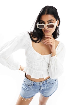 ASOS DESIGN shirred sweetheart long sleeve top in white
