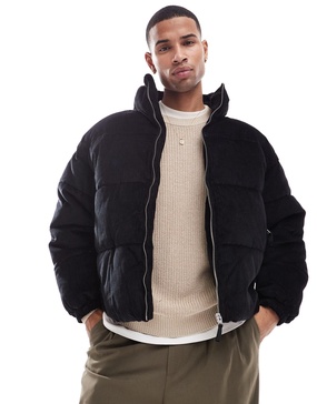 Bershka cord puffer jacket in black