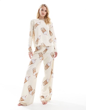 ASOS DESIGN Tall Iced coffee long sleeve top and pants pajama set in beige