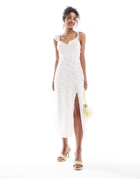 Bershka frill detail maxi dress in ecru and pink floral