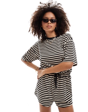 ASOS DESIGN short sleeve elastic tie waist romper in stripe