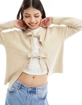 Pieces reversible tie front cardigan in light beige