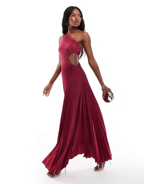 Aria Cove Exclusive pleated one-shoulder cut-out maxi dress in berry