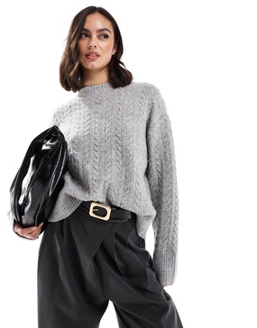 Bershka high neck oversized cable knit sweater in gray