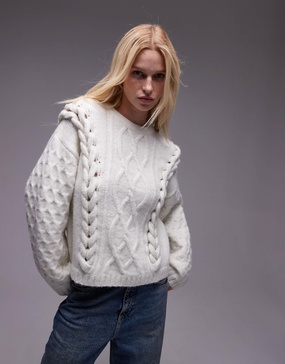 Topshop knitted 3D cable relaxed sweater in ivory