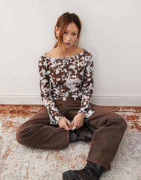 COLLUSION mesh off shoulder cow print top