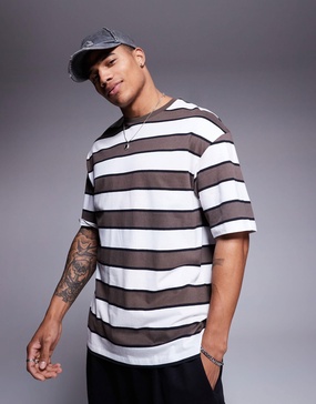 ADPT oversized stripe T-shirt in brown/cream