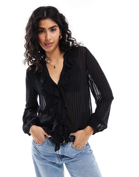 Stradivarius frill detail blouse in black