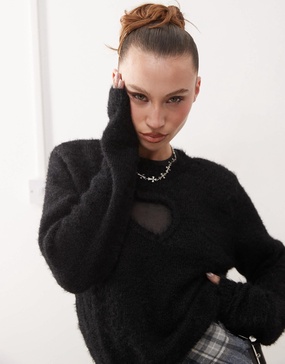 Monki fluffy sweater with cut out heart in black