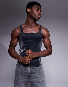 ASOS DESIGN square neck muscle fit tank top in black glitter fabric